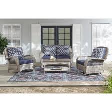 Hampton Bay Beacon Park Gray Wicker Outdoor Patio Loveseat With Standard Midnight Trellis Navy Blue Cushions Frs80812cl G The Home Depot In 2020 Patio Furniture Collection Gray Patio Furniture Deep Seating