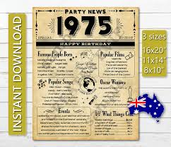 Birthday Present For 50 Year Old Woman Australia 45 Years Ago In 1975 Australia 1975 Newspaper Poster Instant Etsy In 2020 60th Birthday Poster Birthday Poster Birthday Sign
