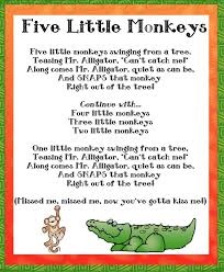 Cute Five Little Monkeys Printable With Monkeys And Alligator Pics That Can Be Used On A Flannel Board Or Fo Kindergarten Songs Classroom Songs Nursery Songs