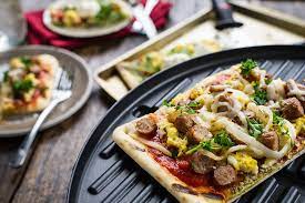 George Foreman Grilled Flatbread Breakfast Pizza Duo Recipe Indoor Outdoor Grill Grilled Flatbread Breakfast Pizza Breakfast Flatbread Pizza