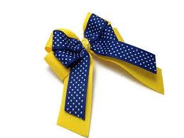 Layered Yellow Blue Hair Bow With Tails Etsy Blue Hair Bows Yellow Hair School Hair Bows
