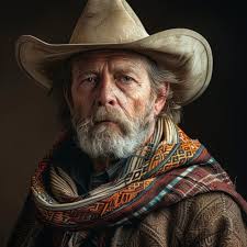 Typical Cowboy Wild West Bandit in Traditional Stetson Hat and Shawl Cowboy  Flat Color Image