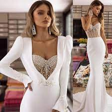 Charming and simple wedding dresses. Elegant Mermaid Appliqued Wedding Dresses With Long Sleeves Wrap Bridal Gowns Sweep Train Satin Trumpet Robe De Mariee From Weddingsalon 113 93 Dhgate Com