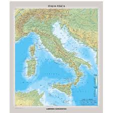Physical map of italy showing major cities, terrain, national parks, rivers, and surrounding countries with international borders and outline maps. Physical Italy Wall Map Italian The Map Shop