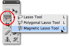 You can find it by clicking and holding on the lasso tool icon in your toolbar. The Magnetic Lasso Tool Photoshop Selections