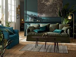 Salon avec mur en bleu canard et canapé en bleu pétrole, source west elm. Un Salon Kaki Et Bleu Canard Joli Place