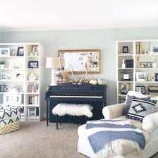 Painted Piano Bookshelves Living Room Poufs Sosimplydesign Piano Living Rooms Piano Room Decor Piano Decor