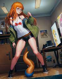 1girls ai generated bedroom belt computer screen female glasses  imminent sex indoors jacket long hair off shoulder orange hair overhead  light persona persona 5 purple eyes rockhardart sakura futaba