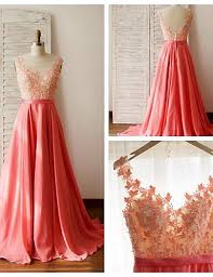 149 99 A Line Illusion Neck Court Train Chiffon Lace Beautiful Back Prom Formal Evening Dress With Beading Appliques Sash Ribbon By Ts Couture Coral Bridesmaid Dresses Elegant Prom Dresses Coral Prom Dress