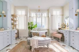 Rachel parcell kitchen layout ideas with add a sink. Rachel Parcell Master Bathroom Mirrored Bath Tub Vanity Sheer White Curtains Blue Painted Cabinets Persian Rug Ottoman The Glam Pad