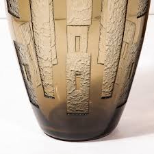 Pair of Art Deco Totem Form Vases in Acid Etched Smoked Geometric Glass by  Daum