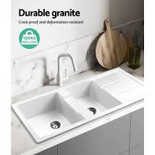 These sinks feature sliding pieces and inserts such as colanders, cutting boards, bins, drying racks, shelves for sponges and more. Cefito Stone Kitchen Sink 1160mm X 500mm Granite Under Top Mount White Buy Kitchen Sinks 9355720071771