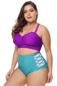 Purple Amp Blue Scalloped Detail High Waist Swimsuit Swimsuits High Waisted Plus Size Swimwear Plus Size Swimsuits