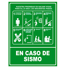 Señales de prevención ante un sismo, pictograma de zona segura interna y externa con flechas verdes
