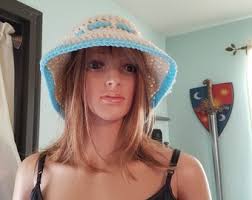 Wide Brim Cloche Style Hat in Cream and Teal