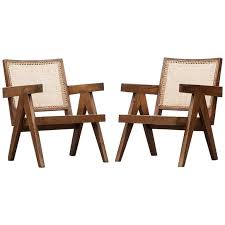 1950s Brown Wooden Teak And Cane Lounge Chairs By Pierre Jeanneret C Lounge Chair Design Chair Teak