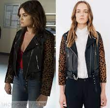Pretty Little Liars Season 7 Episode 13 Aria S Animal Sleeve Jacket Shop Your Tv Fashion Tv Pretty Little Liars Outfits Aria Montgomery Outfit
