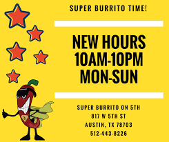 Super Burrito On 5th Photos Austin Texas Menu Prices Restaurant Reviews Facebook A burrito cartoon character holding a wooden sign advertisement. facebook