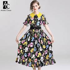 M Xxl Designer Woman Dress Yellow Lace Collar Black Background Colorful Flower Tulip Pattern Print Ankle Length Cute Maxi Dress Dresses Aliexpress