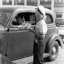 1936 View Showing A Carhop Picking Up Tray From Driver Of Auto Car Hop Driving Vintage