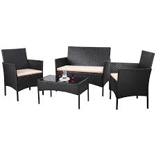 Walnew 4 Pcs Outdoor Patio Furniture Black Pe Rattan Wicker Table And Chairs Set Bar Balcony Backyard Garden Porch Sets With Cushioned Tempered Glass Beige In 2020 Balcony Furniture