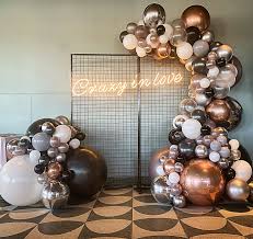 Crazy In Love Engagement Balloon Garland In 2020 Black And Gold Balloons Gold Balloons Decorations Gold Balloons