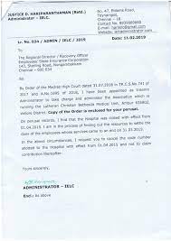 {date} notification letter to whom it may concern: 11 02 2019 Letter Sent To The Regional Director Recovery Officer Esi Chennai Ielc Administrator