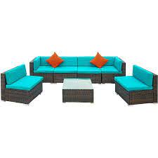 Segmart Outdoor Furniture 7 Piece Patio Furniture Sets With 6 Cushion Seat 1pc Rectangular Coffee Table 2 Pillows Patio Dining Sets For Poolside Garden Lawn Wicker Patio Furniture Wicker Sofa Outdoor Patio Furniture Sets