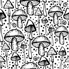 Coffered black ceilings and a white framing provide a sense of structure amidst the randomness of the calacatta marble tiled floors and opalescent patterned wallpaper. Black And White Vector Seamless Simple Pattern With Hand Drawn Forest Mushrooms Stock Vector Illustration Of Drawn Agaric 124834153