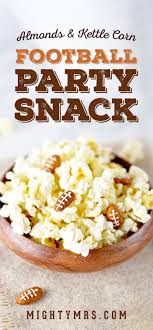 Almond Footballs And Kettle Corn Party Snack Recipe Snacks Football Party Snacks Recipes