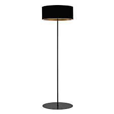 This floor lamp features a slender metal stem with a black finish and a round, gold metal base, creating a stunning contrast. Matt Black Floor Lamp With Black Chintz Shade R S Robertson