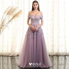 We carry top designer prom gowns, short semi formal dresses, and unique gown creations sure to make you picture perfect for your next formal, or special occasion. Elegant Lavender Prom Dresses 2018 A Line Princess Lace Flower Pearl Sash Off The Shoulder Short Sleeve Backless Floor Length Long Formal Dresses