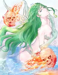mermaid (megami tensei), shin megami tensei, shin megami tensei iv final, shin  megami tensei v, highres, artist name, ass, breasts, butt crack, fins, fish  tail, green eyes, green hair, looking back, mermaid,