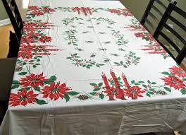 Vintage Red Candle Poinsettia Christmas Tablecloth Rectangular Holiday Tablecloth 1950 S 1960 S C Christmas Table Cloth Holiday Table Decorations Red Candles