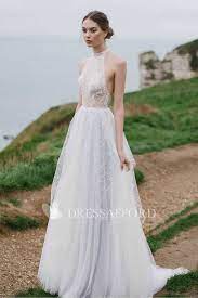 Tulle High Neck Sleeveless A Line Dress With Appliques Bridal Gown Tulle Wedding Dresses Halter Bridal Gown