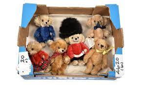 Schuco teddy bears, antique dollhouse miniatures, 5in. Merrythought Six Miniature Mohair Teddy Bears