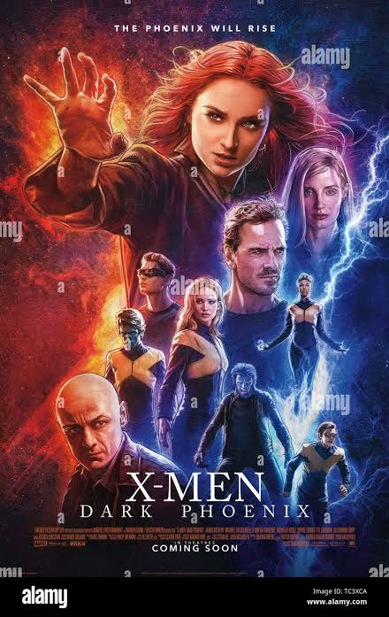 DARK PHOENIX, (aka X-MEN: DARK PHOENIX), US poster, CW from top, Sophie  Turner as Phoenix, J. Chastain, M. Fassbender, A. Shipp, N. Hoult, E.  Peters, J. McAvoy, K. Smit-McPhee, T. Sheridan, J.