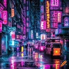 Neon-lit cyberpunk city in the rain on Craiyon