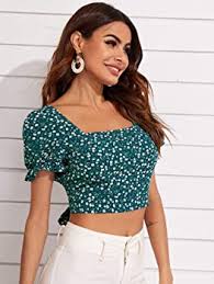 Floerns Women S Floral Print Square Neck Backless Tie Back Crop Top Blouse Green Floral Xs At Amazon Women S Clothing Store