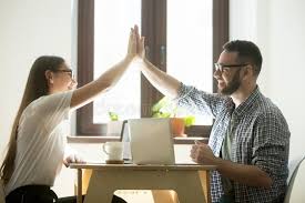 Business Success Two Happy Employees Making High Five In Office Teamwork Conce Spon Employees Happy Employees Success Business Business Woman Successful