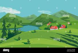 Mountain Green Valley Landscape Summer Season Lake Scenic View Poster Houses On River Bank In Alps Mountains Freehand Cartoon Outdoors Retro Style Stock Vector Image Art Alamy