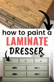 How To Paint Laminate Furniture With Olive Green Paint Painting Laminate Furniture Laminate Furniture Wood Dressers Makeover