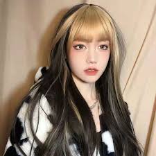 Simple straight hairstyle with bangs. Jennie S Same Style Long Straight Hair Wigs Light Golden Bangs Dyed Wig Matte High Temperature Silk Full Wig Fluffy Realistic Fake Hair Cosplay Live Headdress Shopee Thailand