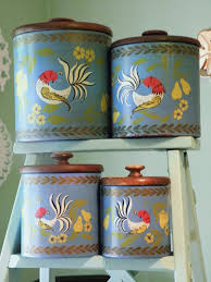 Red cherry canister set three pieces total pre owned awesome conditio canister sets ceramic kitchen canisters ceramic kitchen canister sets. Vintage Ransburg Canister Set Folk Art Canister Blue Partridge Kitchen Vintage Canister Sets Vintage Canisters Vintage Tins