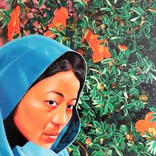 Unique Creation and Arts Unfolded Creativity Artist Binoy Varghese-A lady  wearing a blue hooded garment is depicted next to a lush backdrop of green  leaves and vibrant orange-red flowers. The contrast between