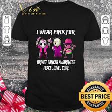 What are breast cancer bracelets? Funny Horror Characters I Wear Pink For Breast Cancer Awareness Peace Love Cure Shirt Hoodie Sweatshirt Longsleeve Tee