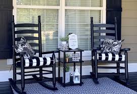 Black And White Porch Decor Outdoor Rug Black Rocking Chairs Striped Cushions Porch Rocker Porch Decorating White Porch