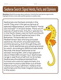 Seahorse Search Signal Words Facts And Opinions Worksheet Education Com