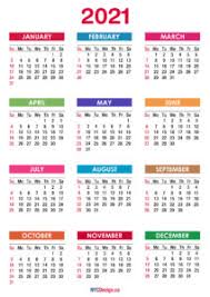 The variations range from yearly calendars on a single page (the whole year at a glance) to quarterly calendars on 4 pages (3 months/1 quarter on one page). 2021 Calendar With Holidays Printable Free Pdf Colorful Blue Green Sunday Start Nycdesign Co Calendars Printable Free
