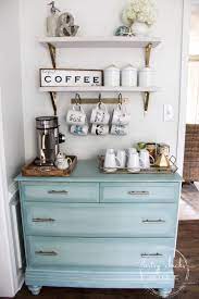 Colorful coffee station with gorgeous blue dresser. Aqua Dresser Coffee Bar Add Dimension With Paint Artsy Chicks Rule